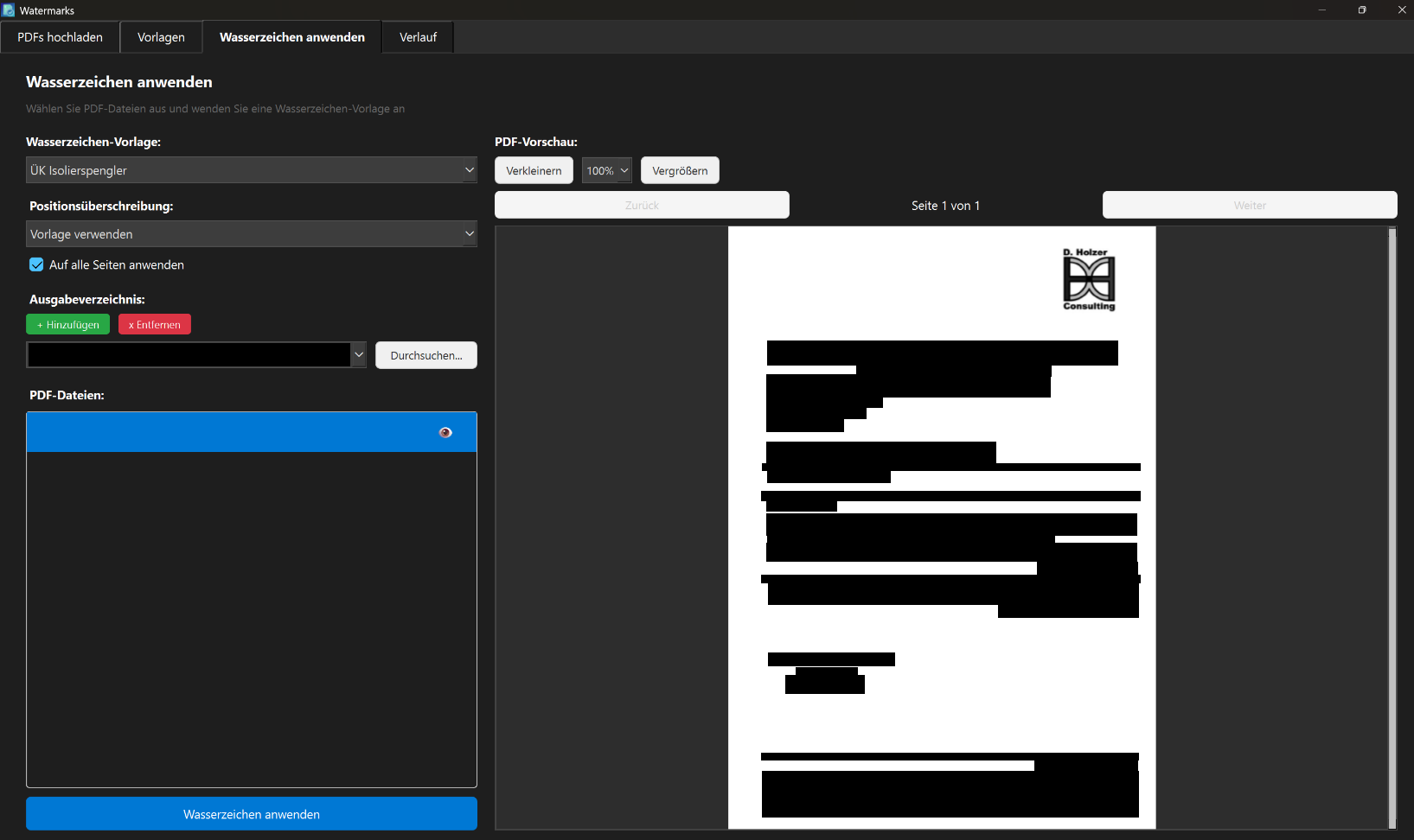 Watermarks: Registerkarte „Wasserzeichen anwenden“ mit PDF-Vorschau